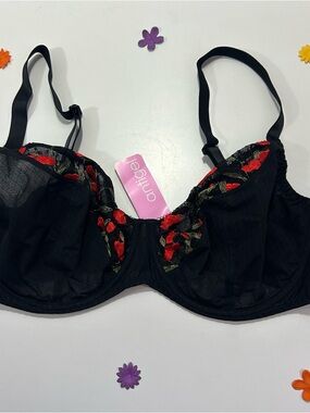 Lise Charmel Antigel Black Underwire Bra with Red Floral Embroidery 42D NWT